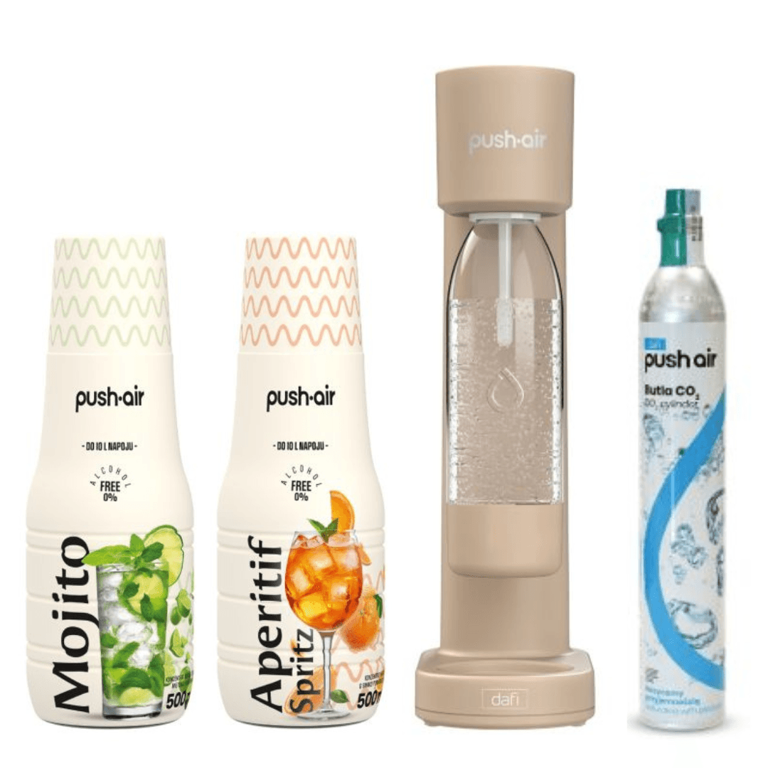 Saturátor vody PUSHAIR Dafi Cappuccino + CO kazeta + 0,7 l láhev + 2 sirupy