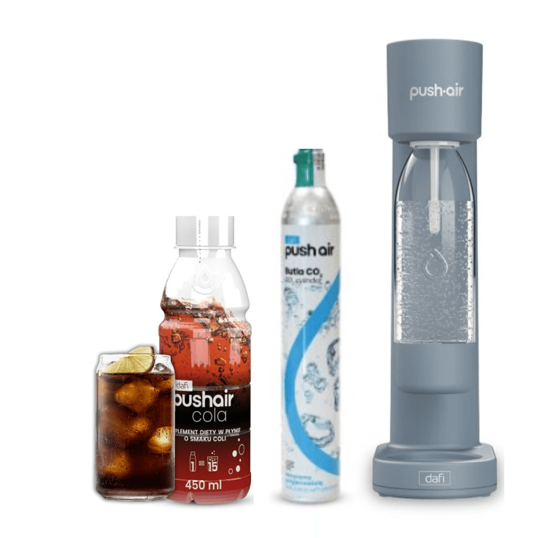 PUSHAIR Dafi nasycovač vody ocelový + CO2 kazeta + 0,7 l láhev + sirup s příchutí Coly 450 ml