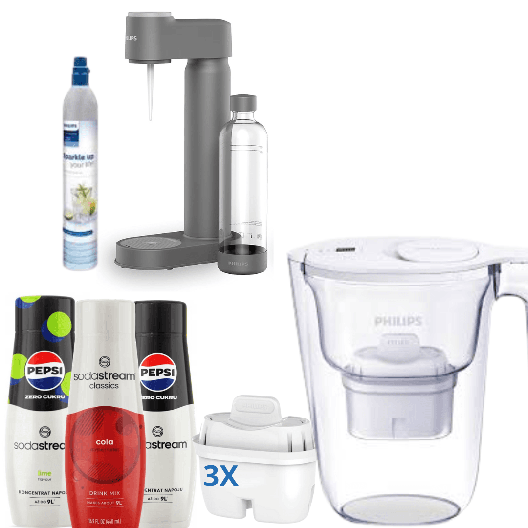 Philips Lite Soda Maker s CO2 bombičkou, šedý + 3 sirupy + Philips vodní filtr