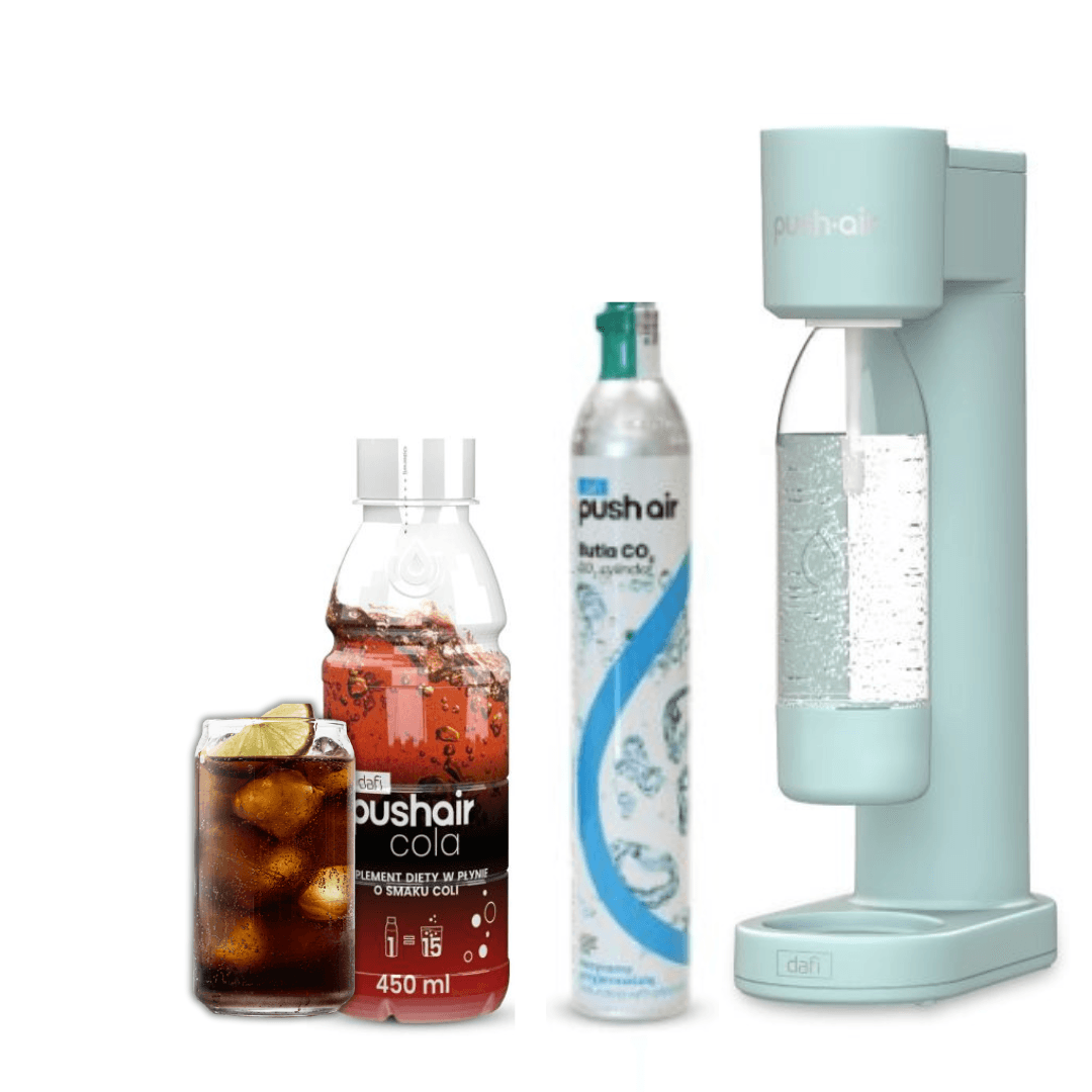 PUSHAIR Dafi saturátor vody MINT + CO2 kartuše + láhev 0,7 l + sirup Cola 450 ml