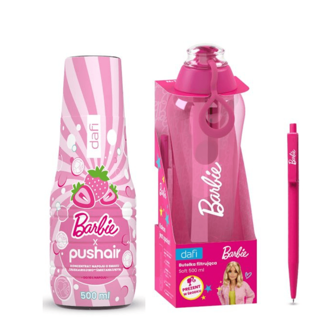 BARBIE Dafi SOFT 0,5 Filtrační Láhev + PUSHAIR BARBIE Sirup do Vody 500 ml