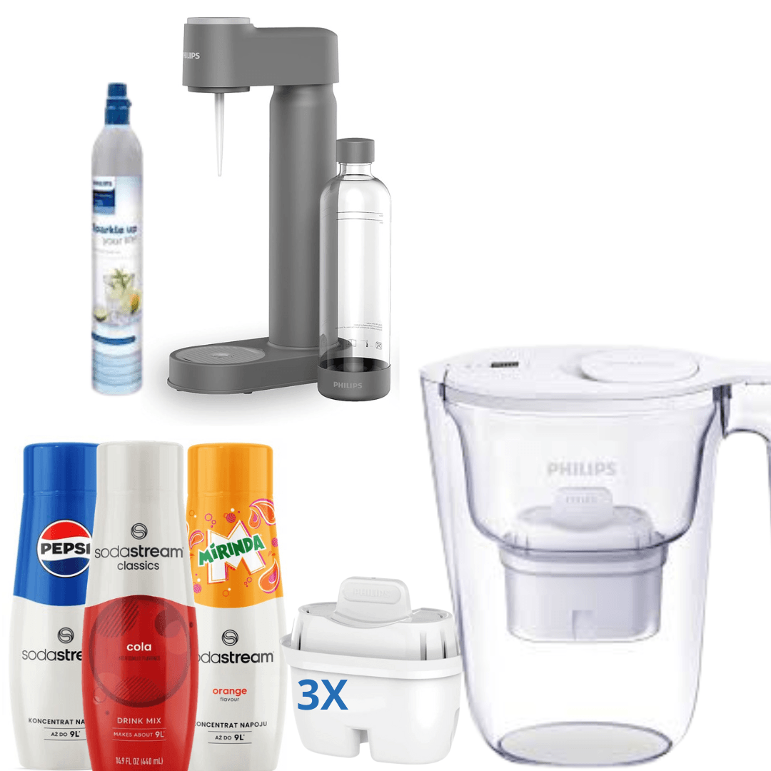 Philips Lite Soda Maker s CO2 bombičkou, šedý + 3 sirupy + Philips vodní filtr, 2,6 l, s časovačem