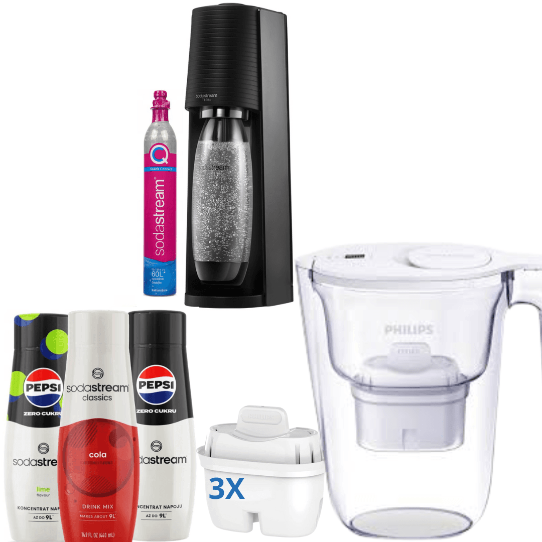 3x Sirupy +GAIA Černý výrobník sody +  Filtrační konvice Philips na vodu