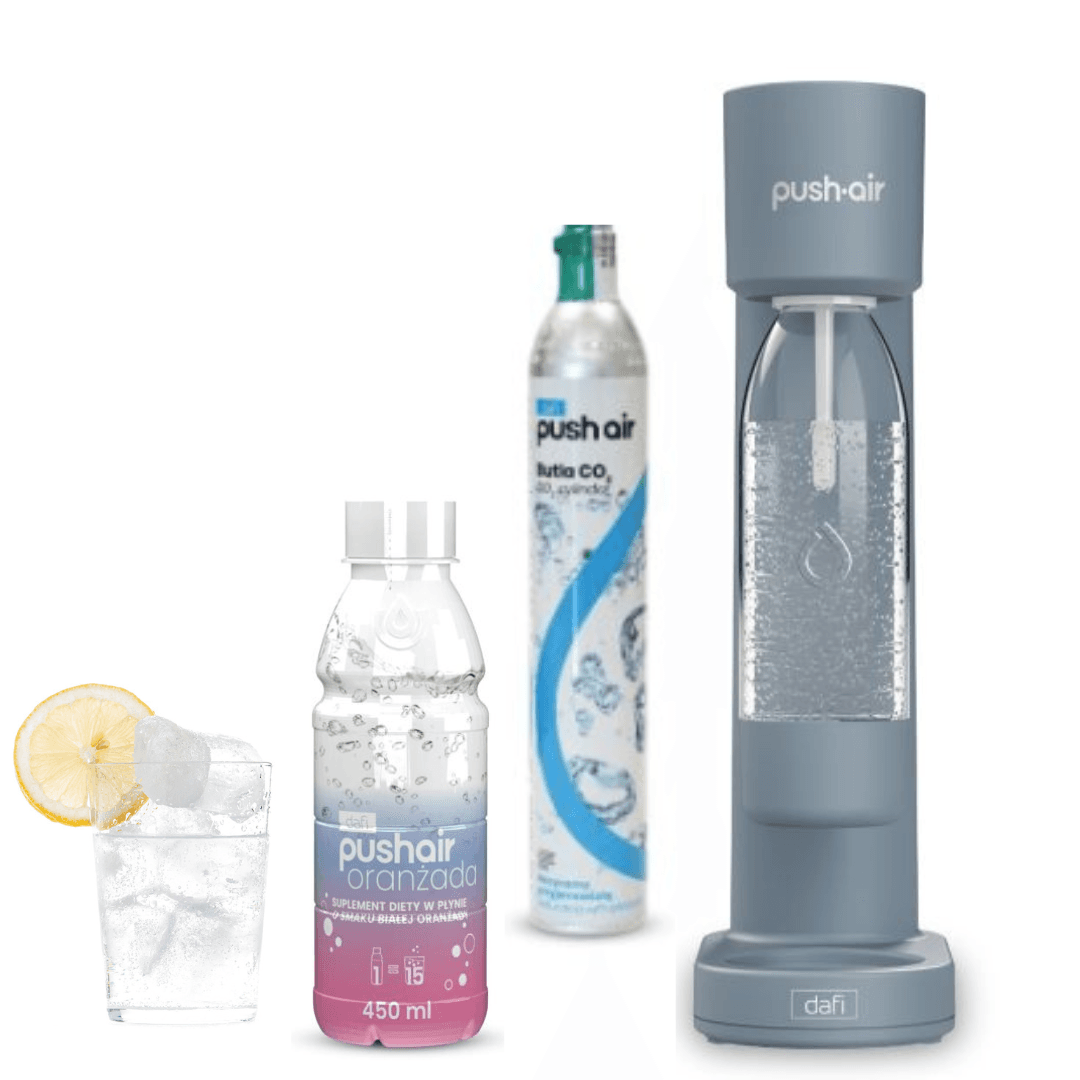PUSHAIR Dafi nasycovač vody ocelový + CO kartuše + 0,7 l láhev + bílá pomerančová šťáva 450 ml sirup