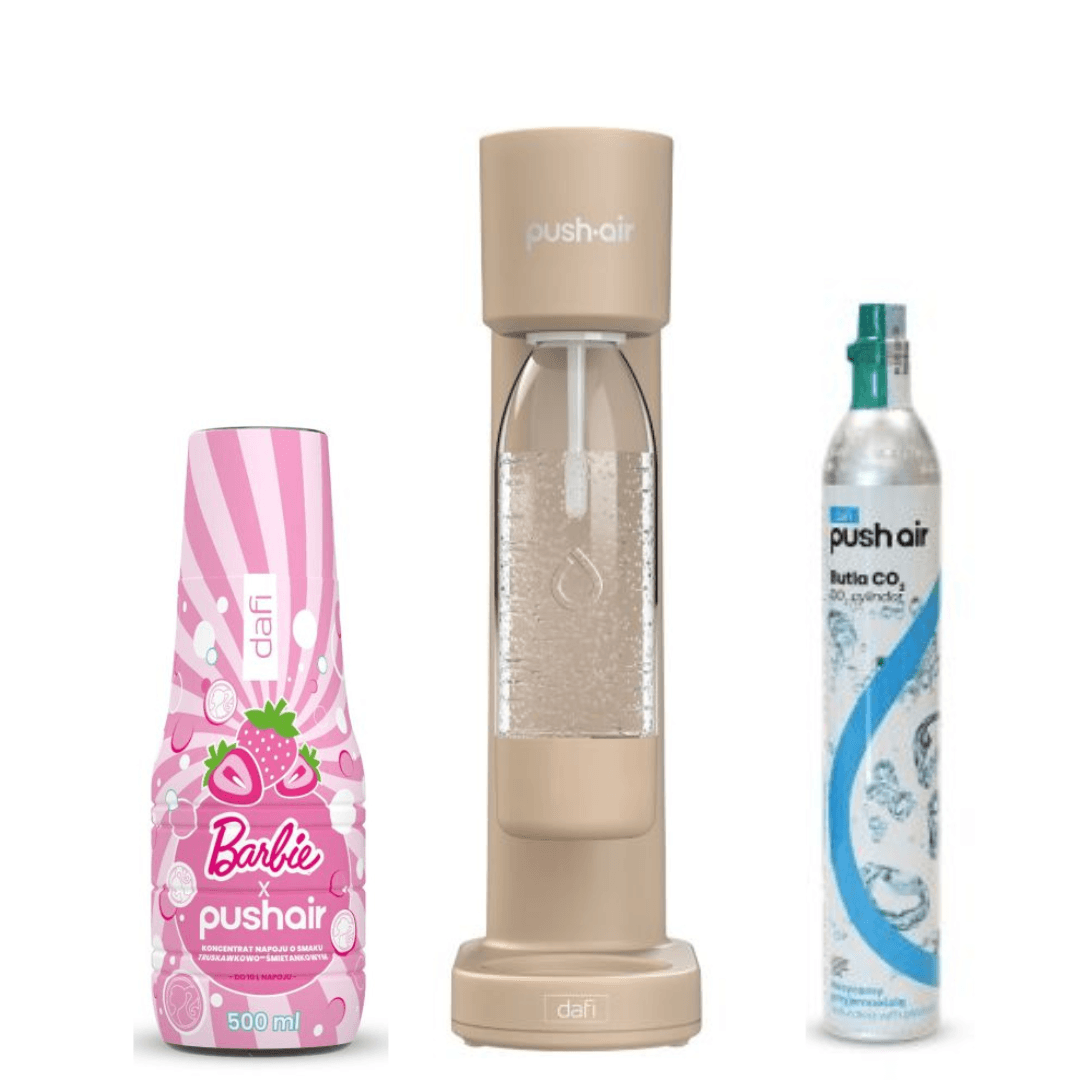 Dafi PUSHAIR vodní saturátor cappuccino sifon + CO kartuše + 0,7 l láhev + PUSHAIR BARBIE sirup na vodu 500 ml