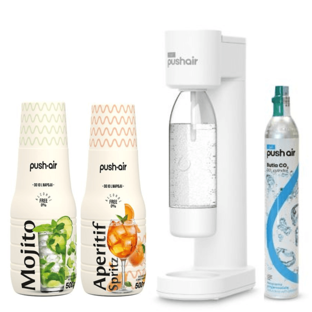Dafi PUSHAIR saturátor vody bílý sifon + CO bombička + 0,7 láhev + 2 sirupy