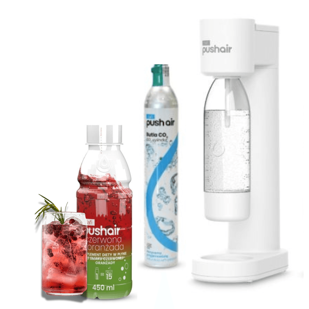 PUSHAIR Dafi saturátor vody BÍLÝ + CO2 kazeta + láhev 0,7 + sirup červená oranžáda 450 ml