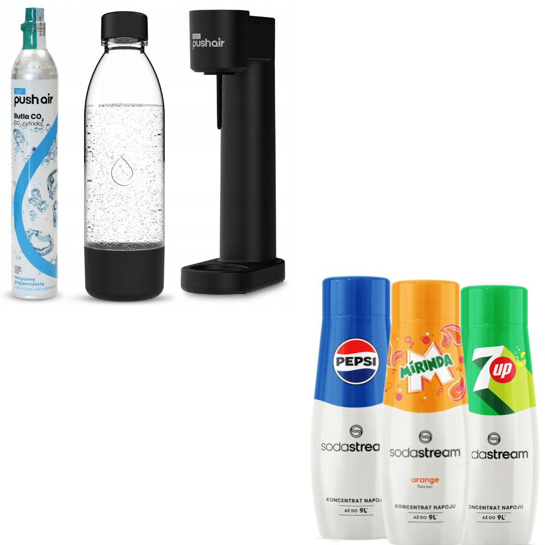 PUSHAIR saturátor vody černý sifon + CO2 bombička + láhev 0,7 l + 3 x koncentrát