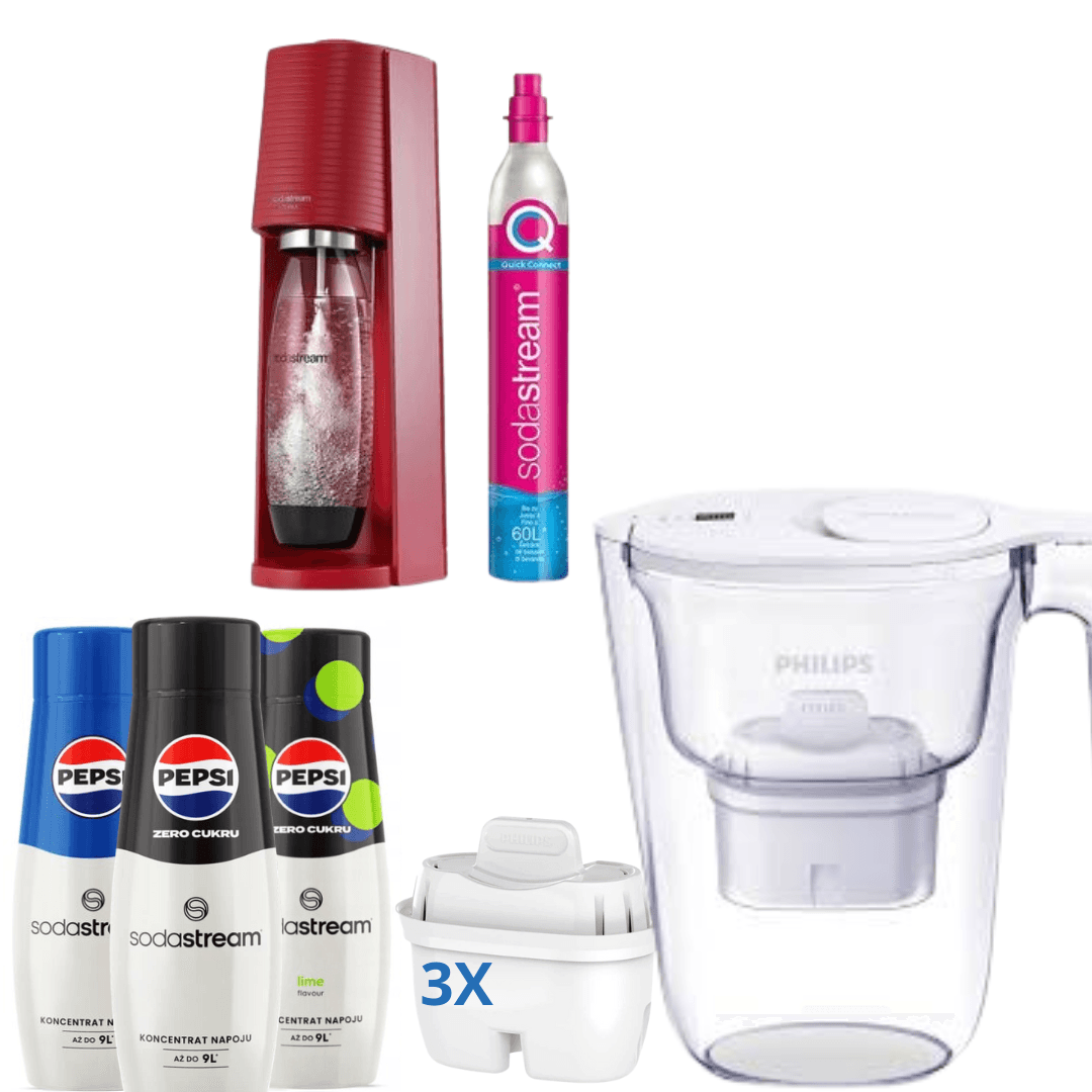 3 x Sirupy + Saturátor Terra Červený + Philips filtrační konvice na vodu, 2,6 L
