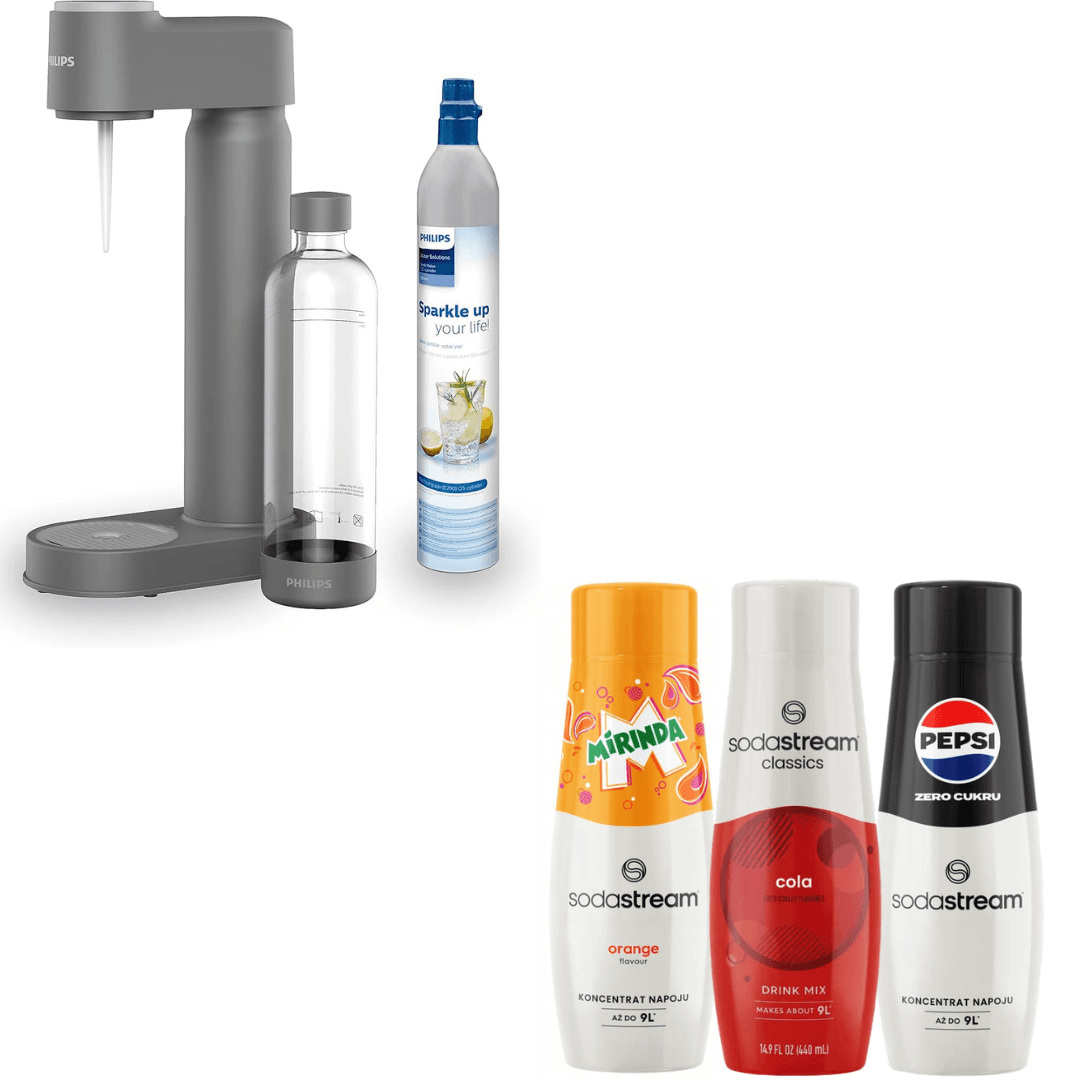 Philips výrobník perlivé vody, s CO2 bombičkou, šedý + 3 x sirupy