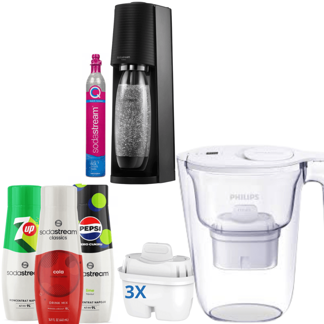 GAIA Černý výrobník sody + 3x Sirupy + Filtrační konvice Philips na vodu 2,6L Bílá