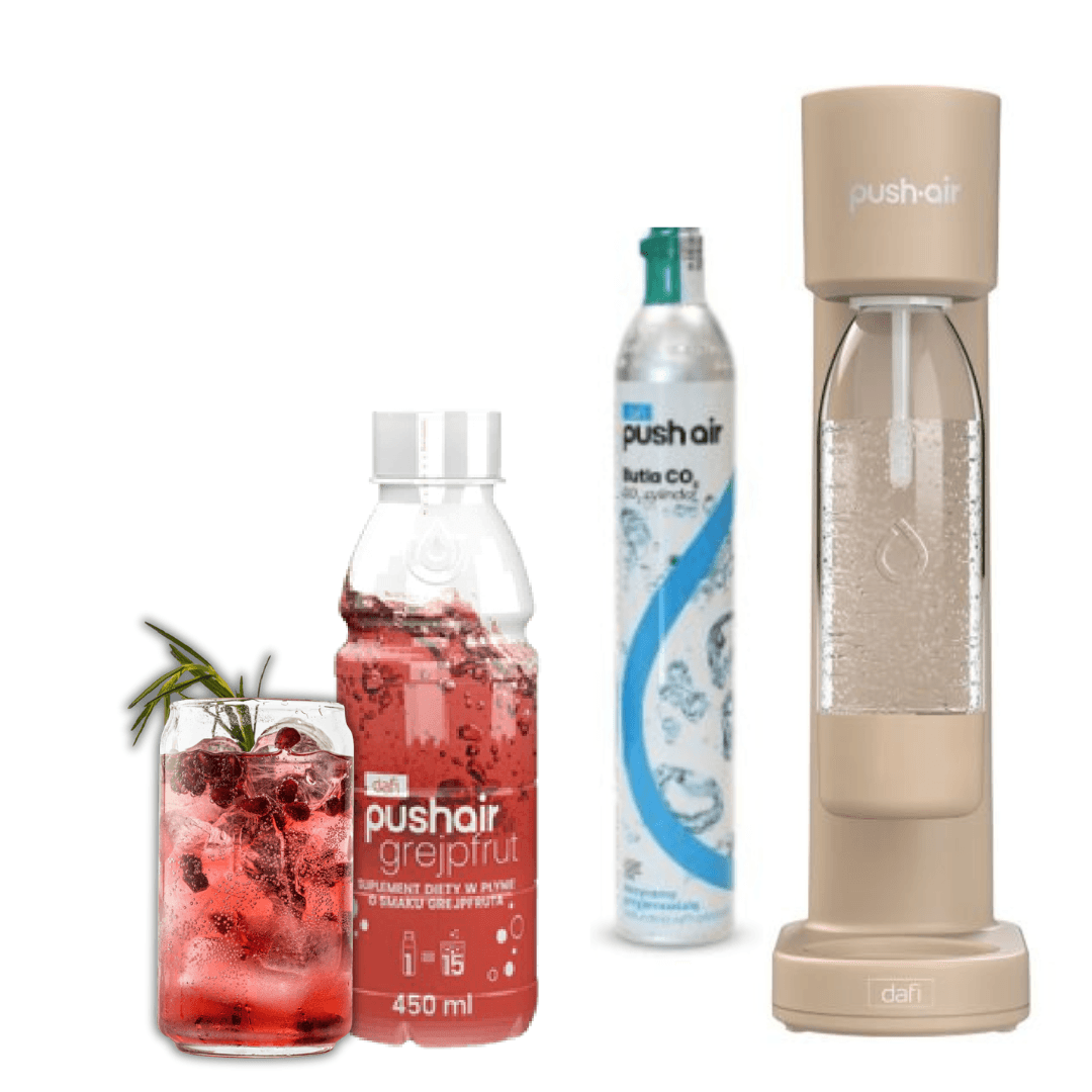 PUSHAIR Dafi saturátor vody CAPPUCCINO + CO2 kartuše + láhev 0,7 l + grapefruitový sirup 450 ml