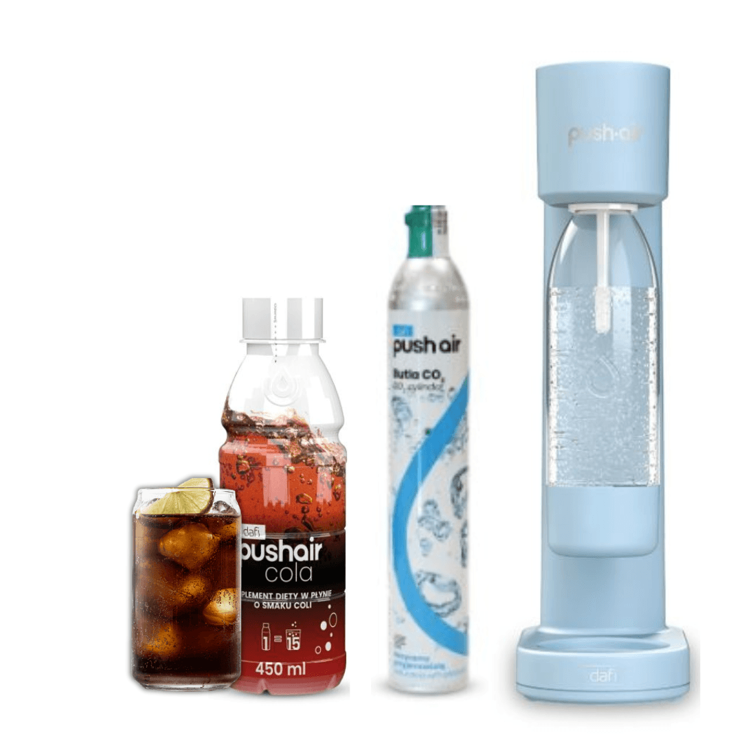 PUSHAIR Dafi nasycovač vody LAZUR + CO2 kartuše + 0,7 l lahev + Sirup Cola 450 ml