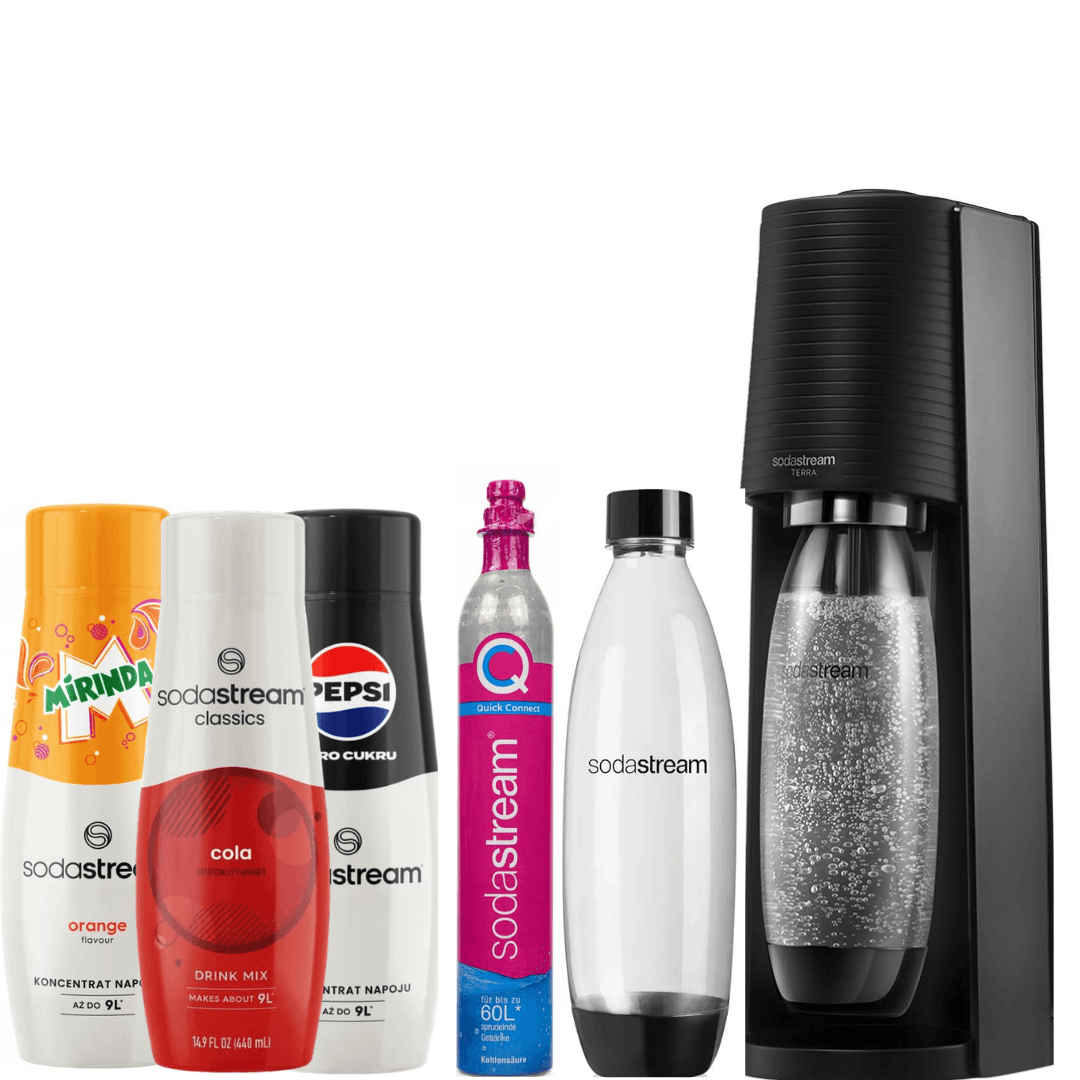 Sada SodaStream Saturátor Terra Černý + 2 Láhve Fuse 1L + 3 x Sirup