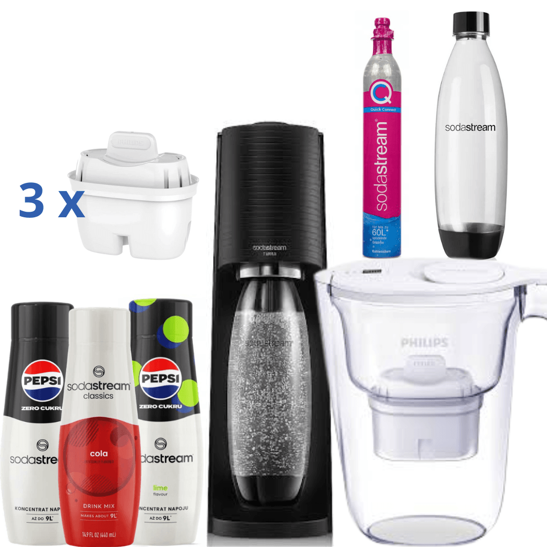Filtrační konvice na vodu 2,6L Bílá  + Saturátor SodaStream+ 3 Sirupy